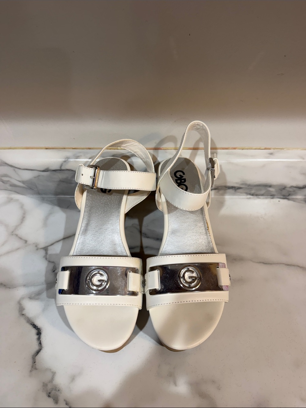 G by Guess Cream Leather Open-Toe Slingback Sandals with Silver Accent